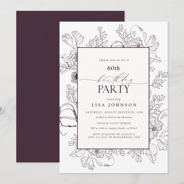 Elegant Plum Purple 60th Birthday Floral Line Art  Invitation (Front/Back)