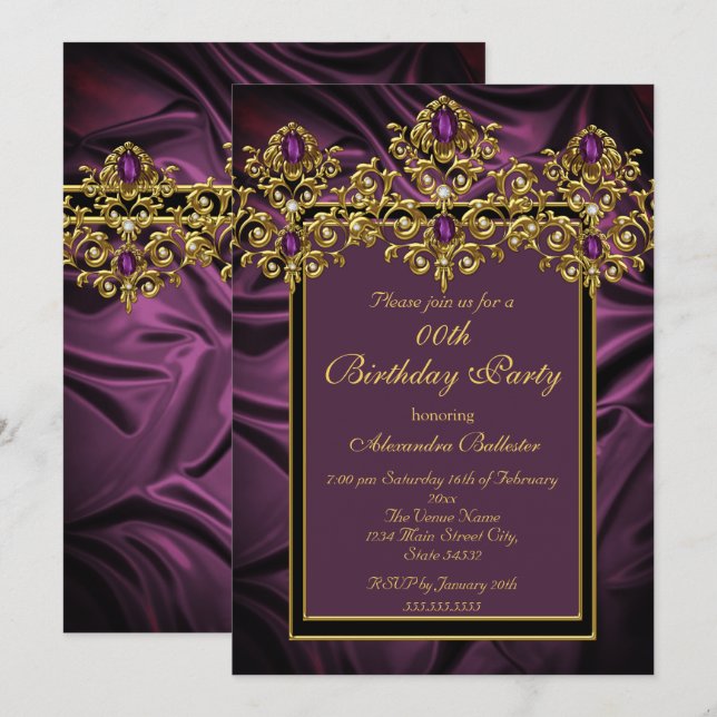 Elegant Plum Purple Birthday Party Silk Gem Gold Invitation (Front/Back)