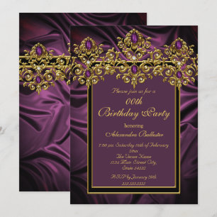Elegant Plum Purple Birthday Party Silk Gem Gold Invitation