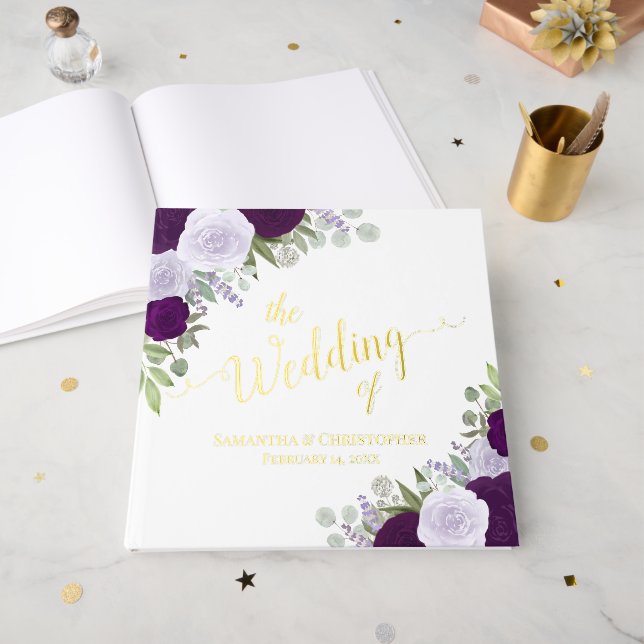 Elegant Plum Purple Boho Roses Foil Wedding Guest Book (Front Open)