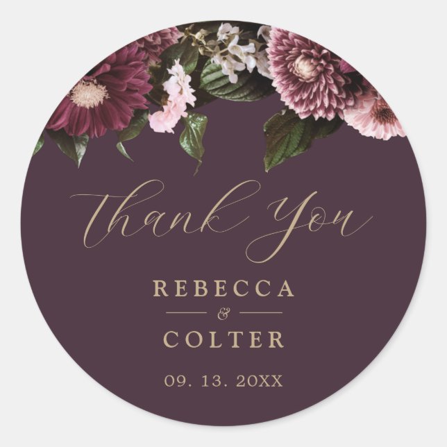 Elegant Plum Purple Burgundy Floral Wedding Classic Round Sticker (Front)