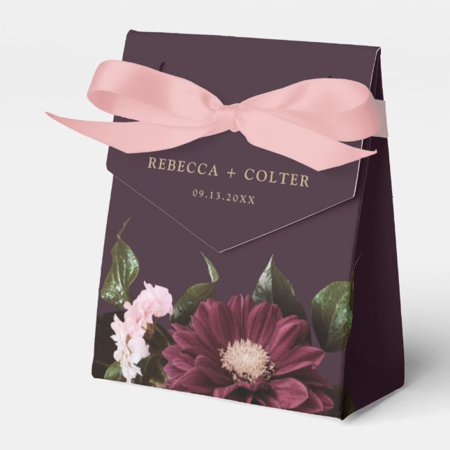 Elegant Plum Purple Burgundy Floral Wedding Favour Box (Front Side)