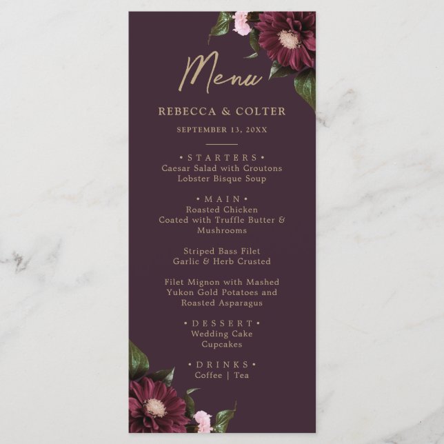 Elegant Plum Purple Burgundy Floral Wedding Menu (Front)