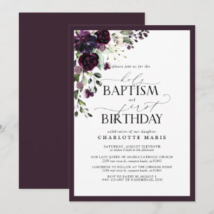 Elegant Plum Purple Floral Baptism 1st Birthday Invitation