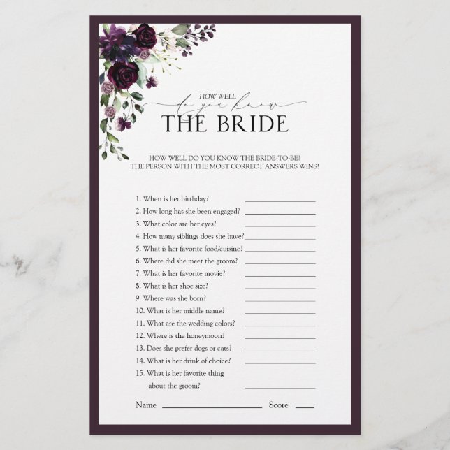 Elegant Plum Purple Floral Bridal Shower Game (Front)