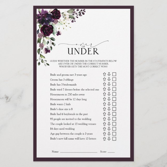 Elegant Plum Purple Floral Bridal Shower Game (Front)
