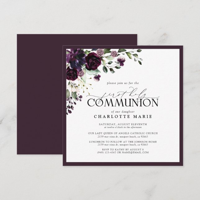 Elegant Plum Purple Floral First Holy Communion Invitation (Front/Back)