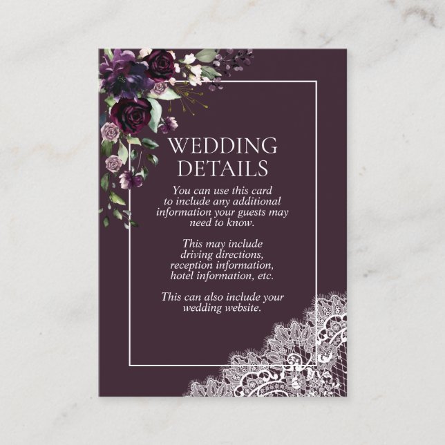 Elegant Plum Purple Floral Lace Details Enclosure Card (Front)