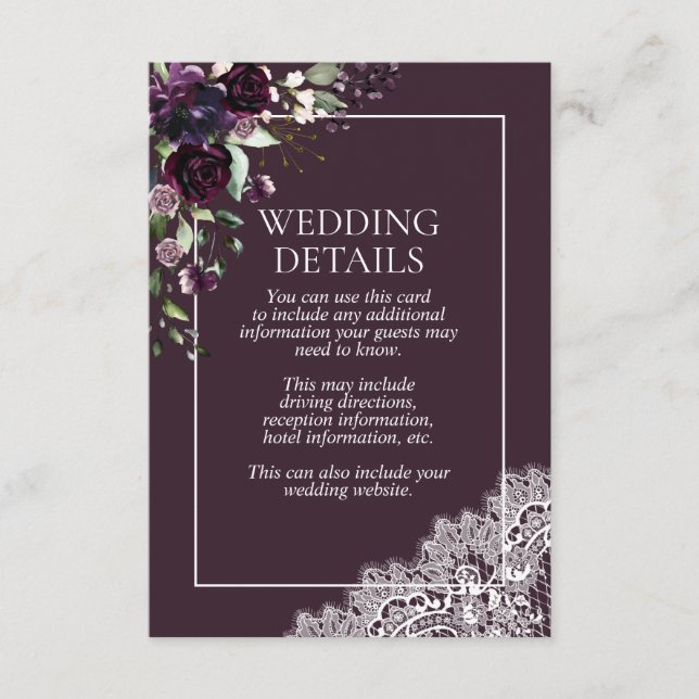 Elegant Plum Purple Floral Lace Details Enclosure Card (Front)