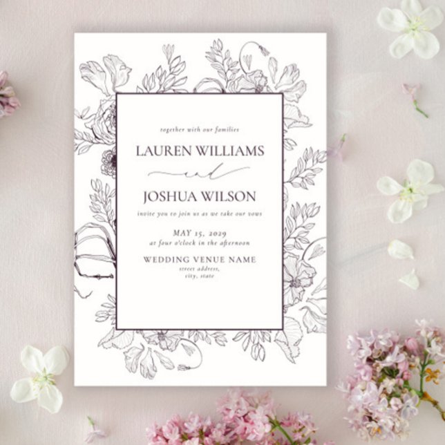 Elegant Plum Purple Floral Line Art Wedding Invitation (Creator Uploaded)