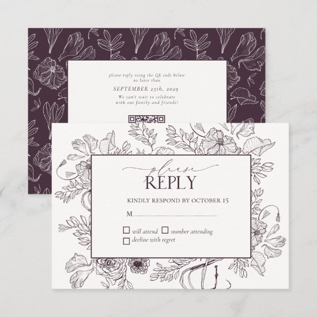 Elegant Plum Purple Floral Line Art Wedding RSVP Card (Front/Back)
