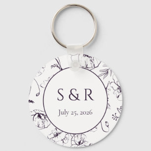 Elegant Plum Purple Floral Monogram Wedding Favour Key Ring