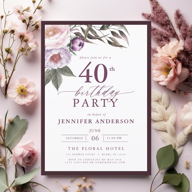 Elegant Plum Purple Floral Script 40th Birthday Invitation (Creator Uploaded)