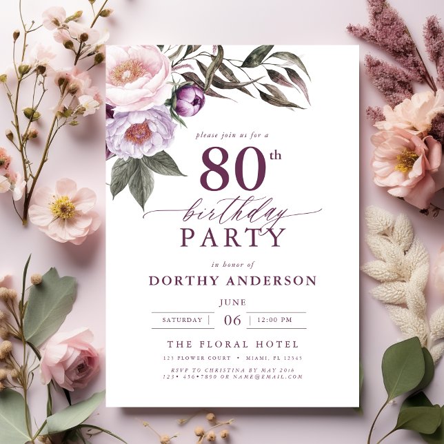 Elegant Plum Purple Floral Script 80th Birthday Invitation (Creator Uploaded)