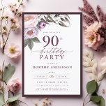 Elegant Plum Purple Floral Script 90th Birthday Invitation<br><div class="desc">Set the tone for a sophisticated celebration with an elegant plum purple floral script birthday invitation. Featuring rich plum tones and delicate floral accents, this design exudes a sense of luxury and refinement. The graceful script typography adds a personalised touch, perfect for a milestone birthday or formal event. Ideal for...</div>