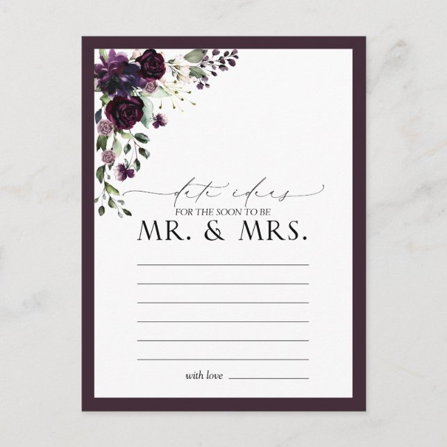 Elegant Plum Purple Floral Watercolor Date Ideas Postcard (Front)