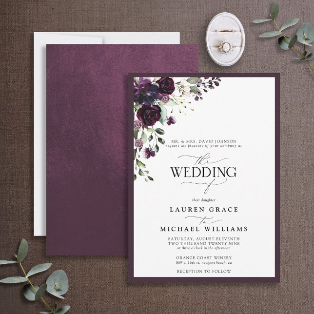 Elegant Plum Purple Floral Watercolor Script Invitation (Creator Uploaded)