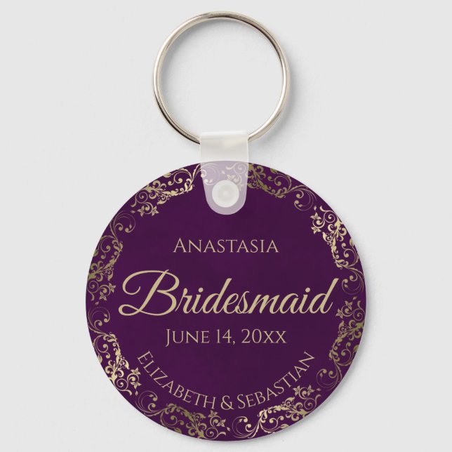 Elegant Plum Purple & Gold Bridesmaid Wedding Gift Key Ring (Front)