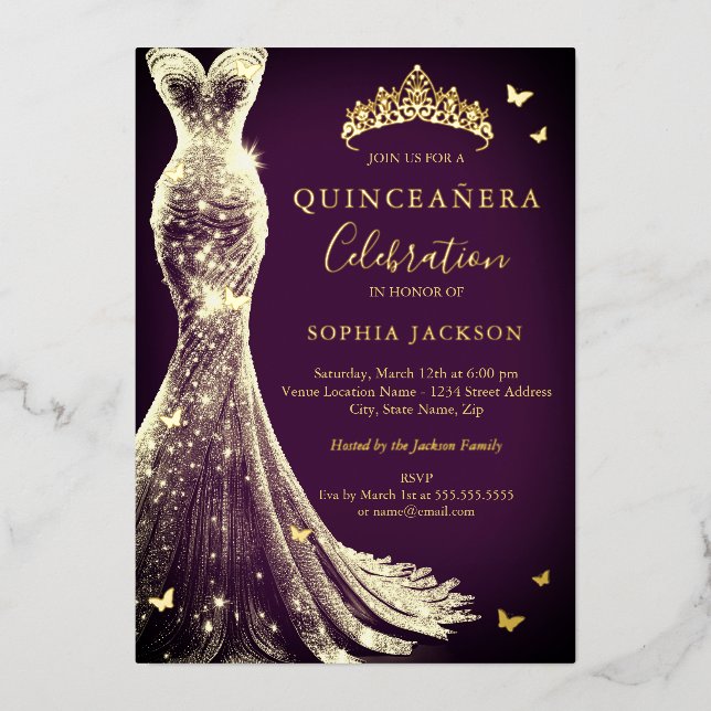 Elegant Plum Purple Gold Butterfly Quinceanera (Front)