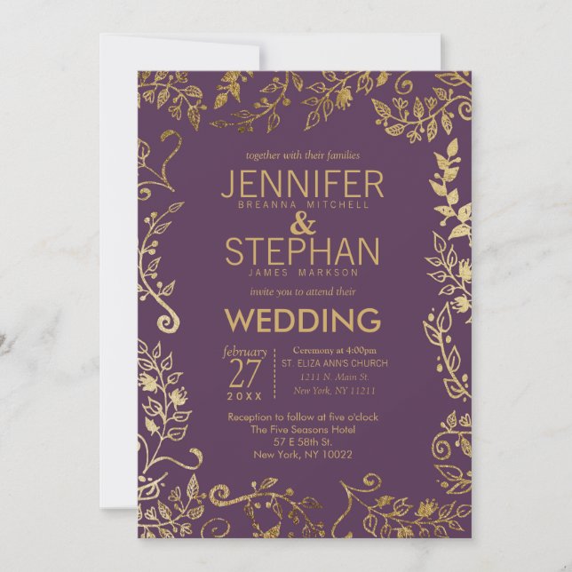 Elegant Plum Purple Gold Floral Wedding Invitation (Front)