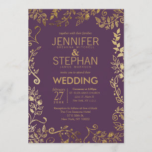 Elegant Plum Purple Gold Floral Wedding Invitation