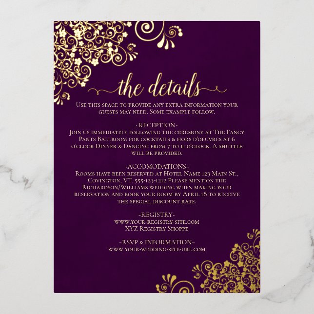 Elegant Plum Purple Gold Foil Wedding Details Card (Front)