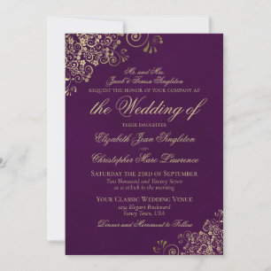 Elegant Plum Purple & Gold Formal Wedding Invitation