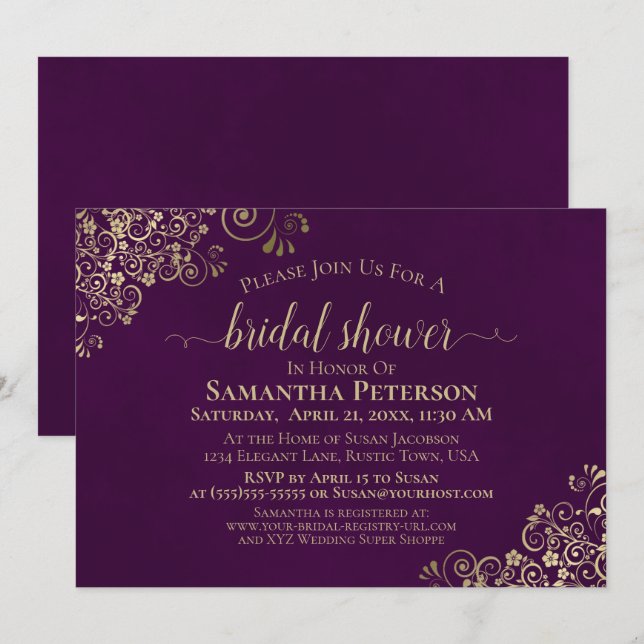 Elegant Plum Purple & Gold Frilly Bridal Shower Invitation (Front/Back)