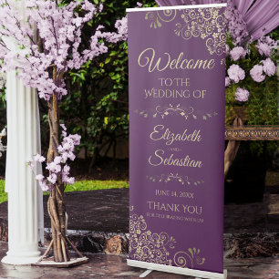 Elegant Plum Purple & Gold Lacy Wedding Welcome Retractable Banner