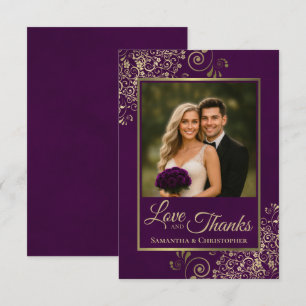 Elegant Plum Purple & Gold Love & Thanks Wedding Thank You Card