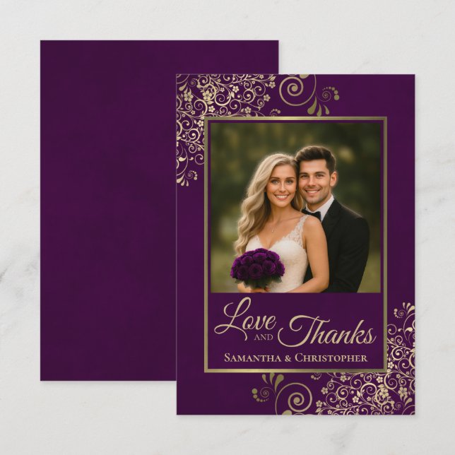 Elegant Plum Purple & Gold Love & Thanks Wedding Thank You Card (Front/Back)