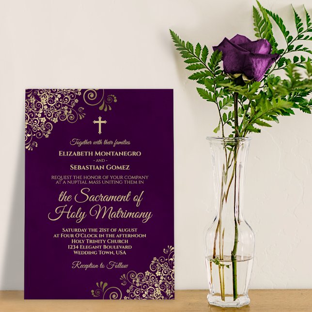 Elegant Plum Purple & Gold Modern Catholic Wedding Invitation (Creator Uploaded)