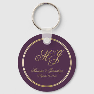 Elegant Plum Purple Gold Monogram Script Wedding Key Ring