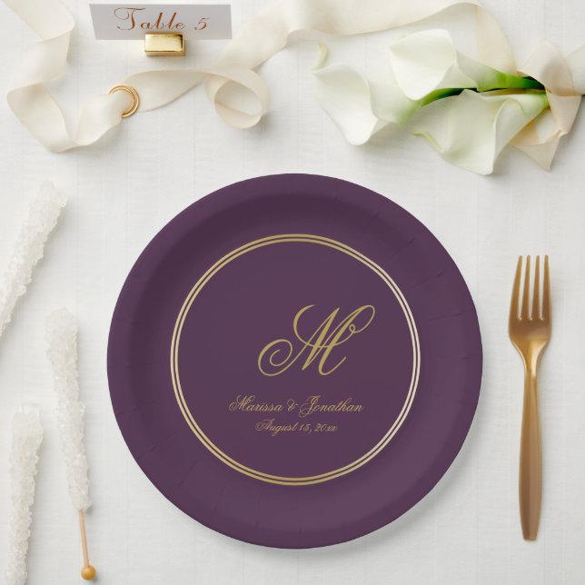 Elegant Plum Purple Gold Monogram Script Wedding Paper Plate (Wedding)