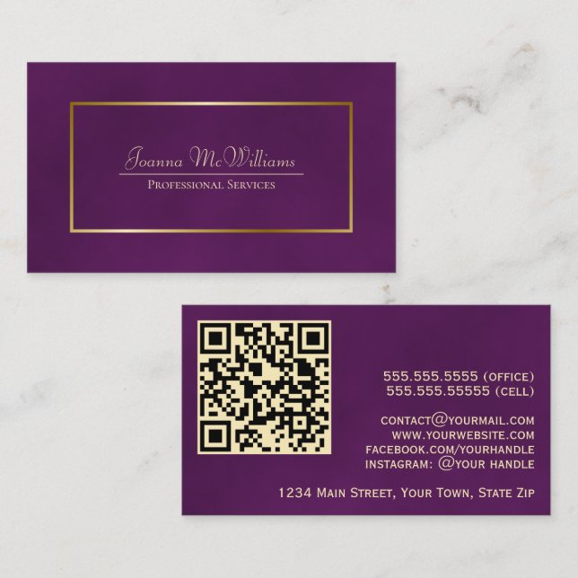 Elegant Plum Purple & Gold Professional QR Code Business Card (Front/Back)