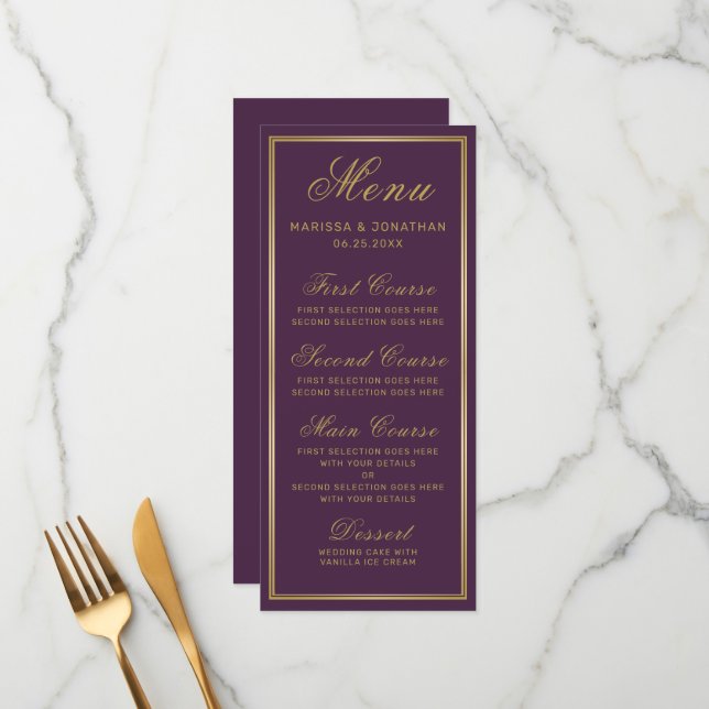 Elegant Plum Purple Gold Script Chic Wedding Menu (Front/Back In Situ)