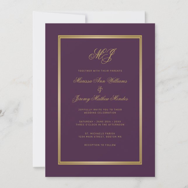 Elegant Plum Purple Gold Script Monogram Wedding Invitation (Front)