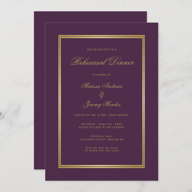 Elegant Plum Purple Gold Script Rehearsal Dinner Invitation (Front/Back)