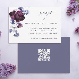 Elegant Plum Purple & Indigo Blue Floral QR Code RSVP Card