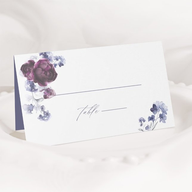 Elegant Plum Purple & Indigo Blue Floral Wedding Place Card (Creator Uploaded)