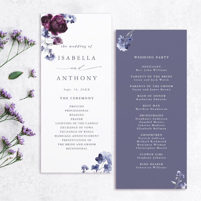 Elegant Plum Purple & Indigo Blue Floral Wedding  Programme (Front & Back)