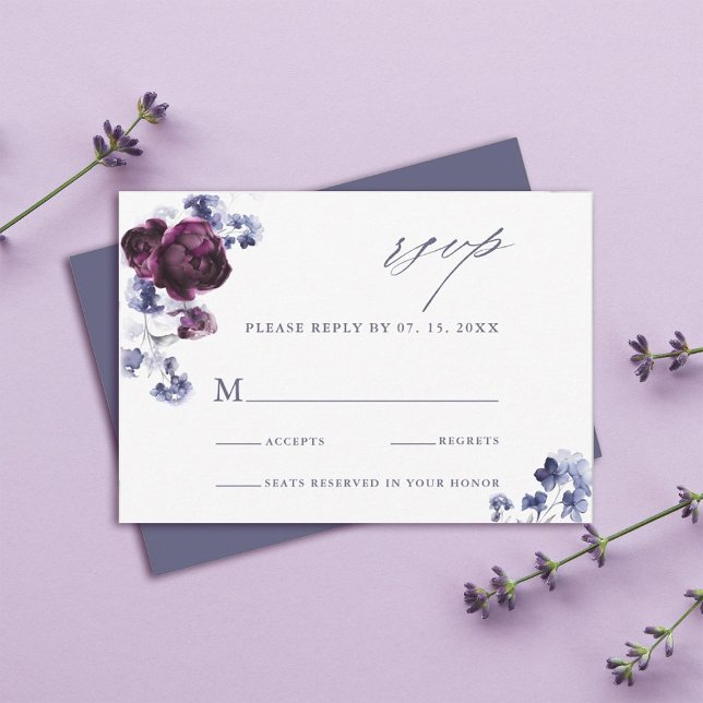 Elegant Plum Purple & Indigo Blue Floral Wedding RSVP Card (Creator Uploaded)
