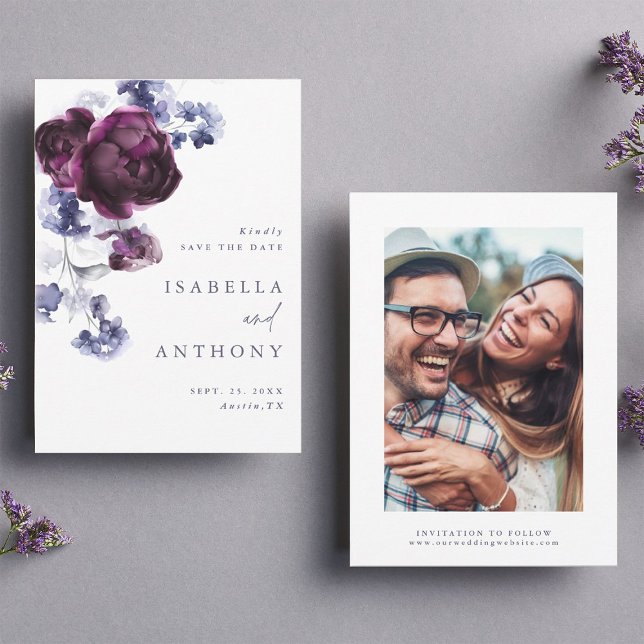 Elegant Plum Purple & Indigo Blue Floral Wedding Save The Date (Front & Back)