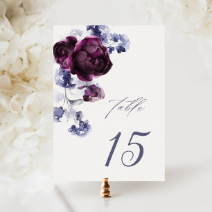 Elegant Plum Purple & Indigo Blue Floral Wedding Table Number