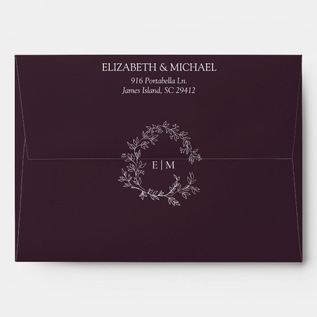 Elegant Plum Purple Leafy Crest Monogram Wedding Envelope (Back (Top Flap))