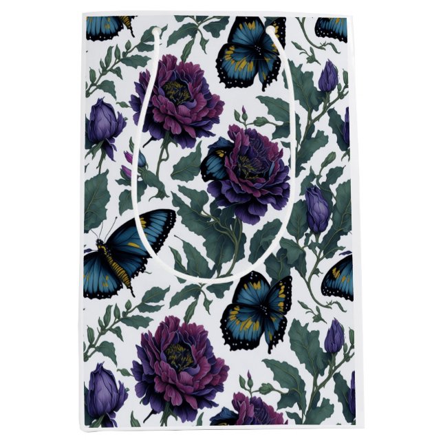 Elegant plum purple magenta floral butterflies  medium gift bag (Front)