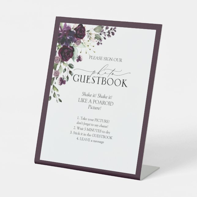 Elegant Plum Purple Mauve Floral Photo Guestbook Pedestal Sign (Front)