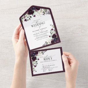 Elegant Plum Purple Mauve Floral Watercolor All In One Invitation