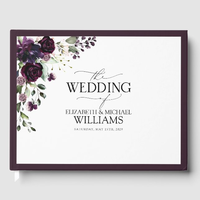 Elegant Plum Purple Mauve Floral Watercolor  Guest Book (Front)