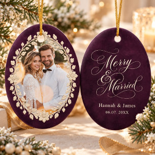 Elegant Plum Purple Merry & Married Wedding Photo Ceramic Tree Decoration